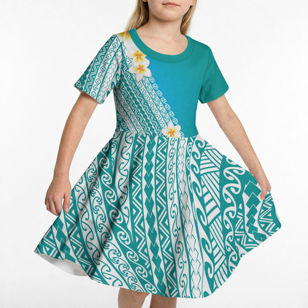 Tahiti Plumeria Tribal Pattern Kid Short Sleeve Dress Wave Style Turquoise LT05 - Polynesian Pride