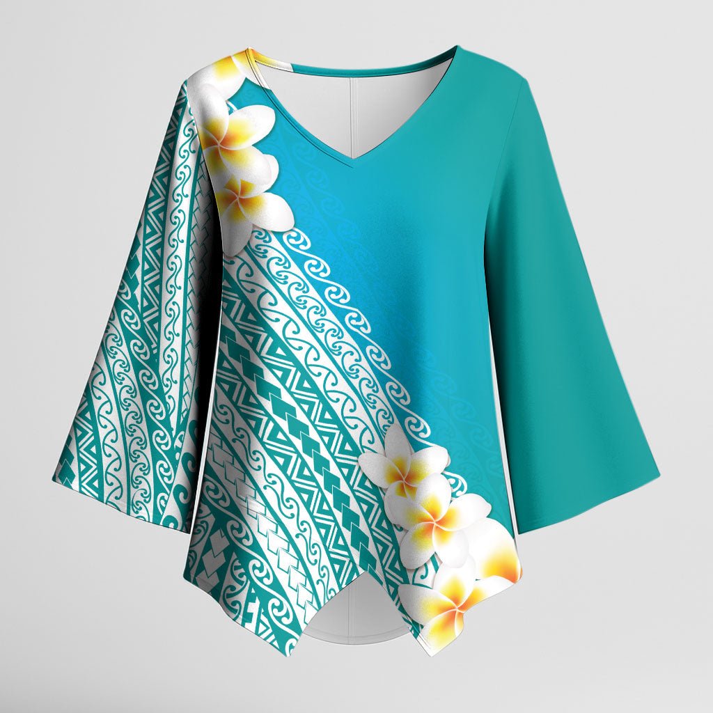 Tahiti Plumeria Tribal Pattern Kimono Sleeve Blouse Wave Style Turquoise LT05 Female Turquoise - Polynesian Pride