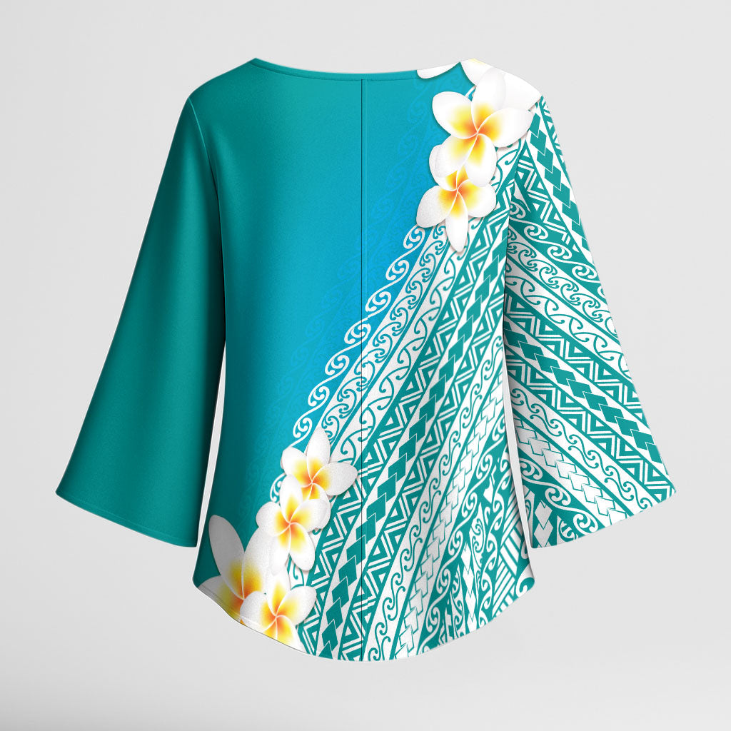 Tahiti Plumeria Tribal Pattern Kimono Sleeve Blouse Wave Style Turquoise LT05 - Polynesian Pride