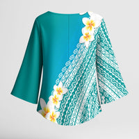 Tahiti Plumeria Tribal Pattern Kimono Sleeve Blouse Wave Style Turquoise LT05 - Polynesian Pride