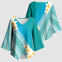 Tahiti Plumeria Tribal Pattern Kimono Sleeve Blouse Wave Style Turquoise LT05 - Polynesian Pride