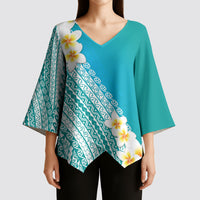 Tahiti Plumeria Tribal Pattern Kimono Sleeve Blouse Wave Style Turquoise LT05 - Polynesian Pride