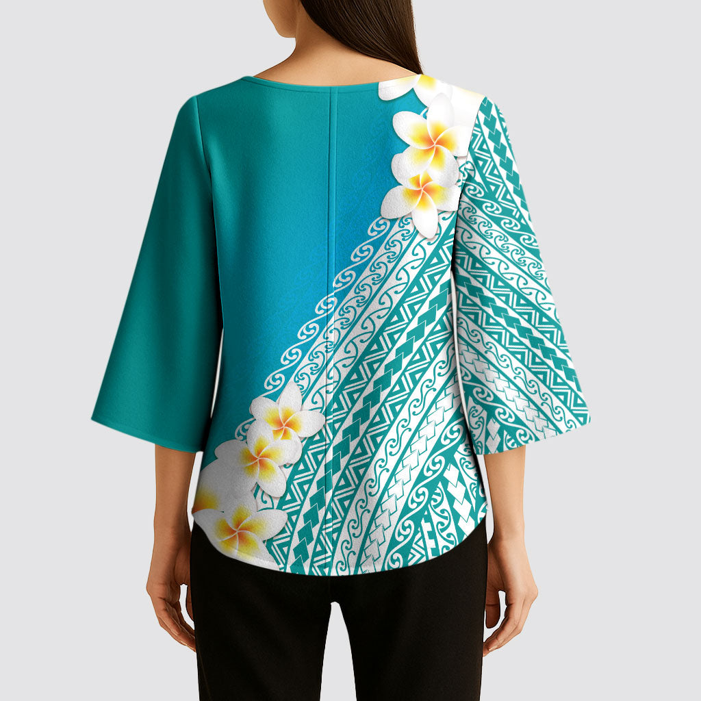 Tahiti Plumeria Tribal Pattern Kimono Sleeve Blouse Wave Style Turquoise LT05 - Polynesian Pride