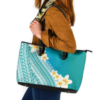 Tahiti Plumeria Tribal Pattern Leather Tote Bag Wave Style Turquoise LT05 Turquoise - Polynesian Pride