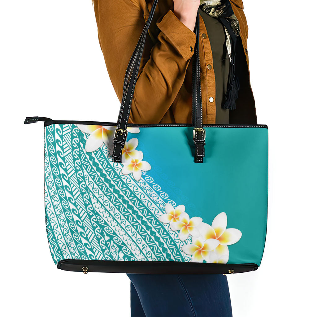 Tahiti Plumeria Tribal Pattern Leather Tote Bag Wave Style Turquoise LT05 - Polynesian Pride