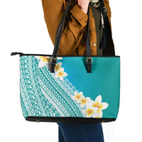 Tahiti Plumeria Tribal Pattern Leather Tote Bag Wave Style Turquoise LT05 - Polynesian Pride