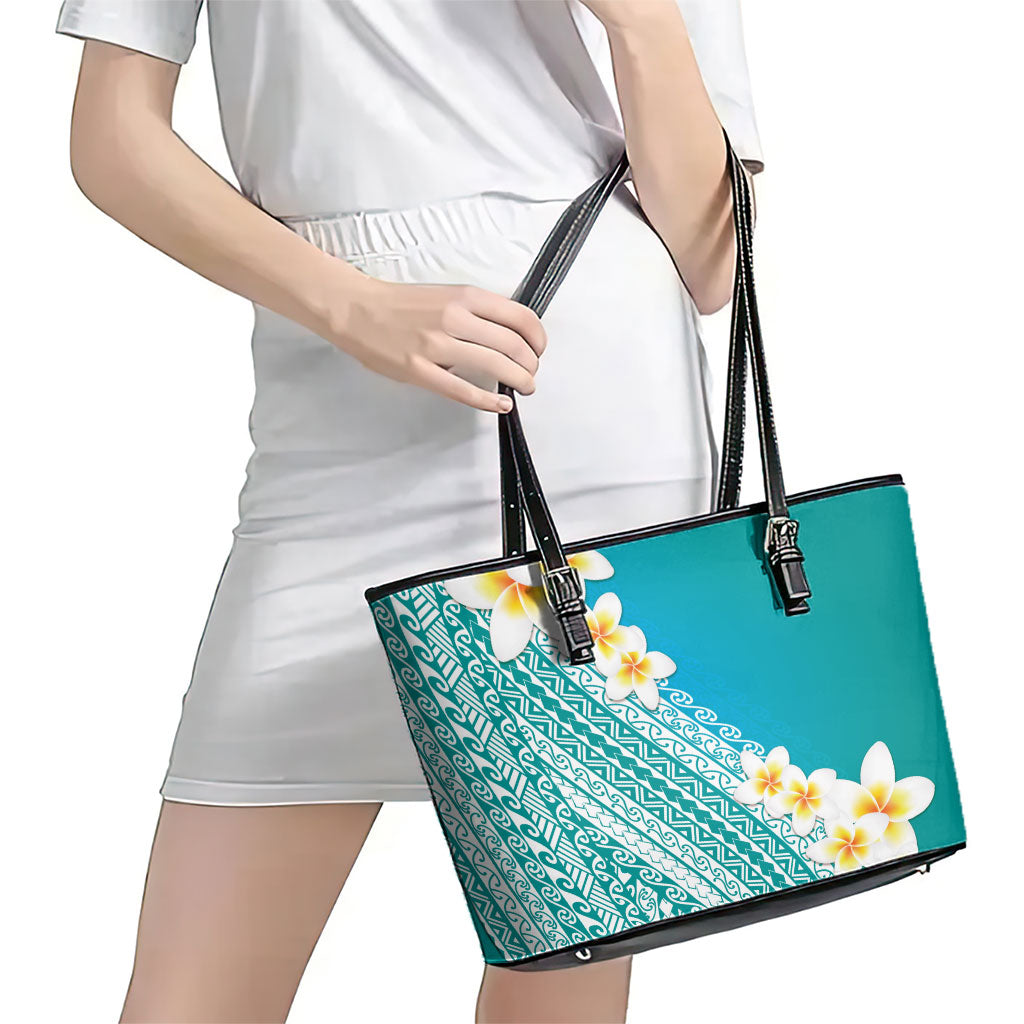 Tahiti Plumeria Tribal Pattern Leather Tote Bag Wave Style Turquoise LT05 - Polynesian Pride