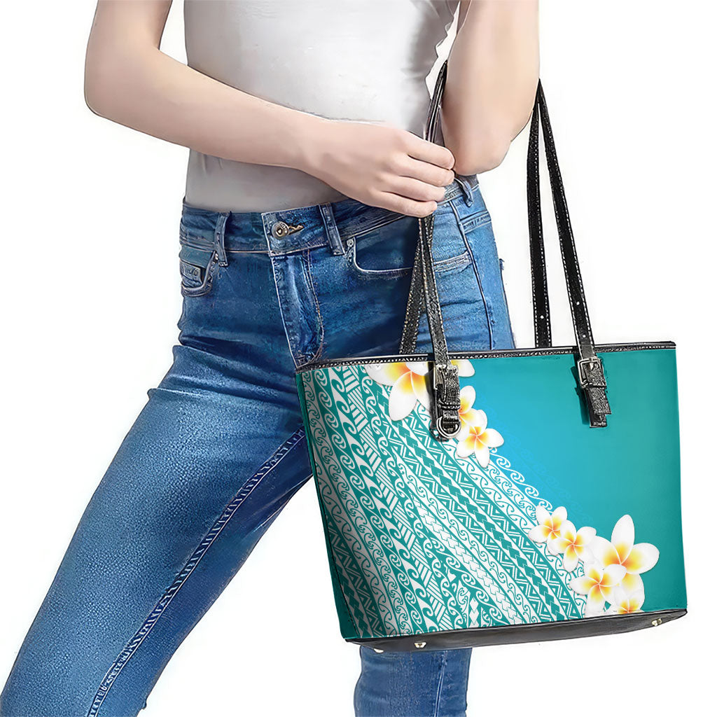 Tahiti Plumeria Tribal Pattern Leather Tote Bag Wave Style Turquoise LT05 - Polynesian Pride