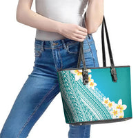 Tahiti Plumeria Tribal Pattern Leather Tote Bag Wave Style Turquoise LT05 - Polynesian Pride