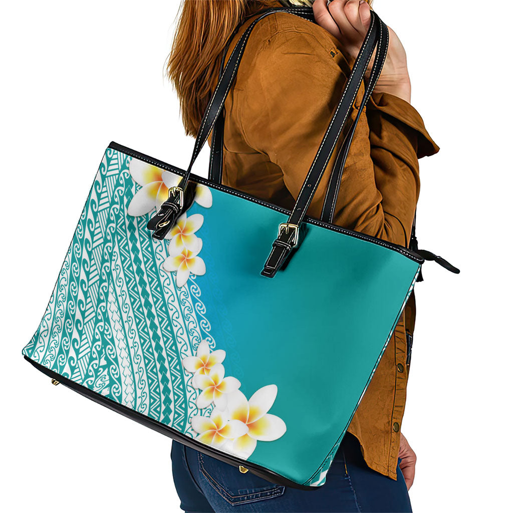 Tahiti Plumeria Tribal Pattern Leather Tote Bag Wave Style Turquoise LT05 - Polynesian Pride