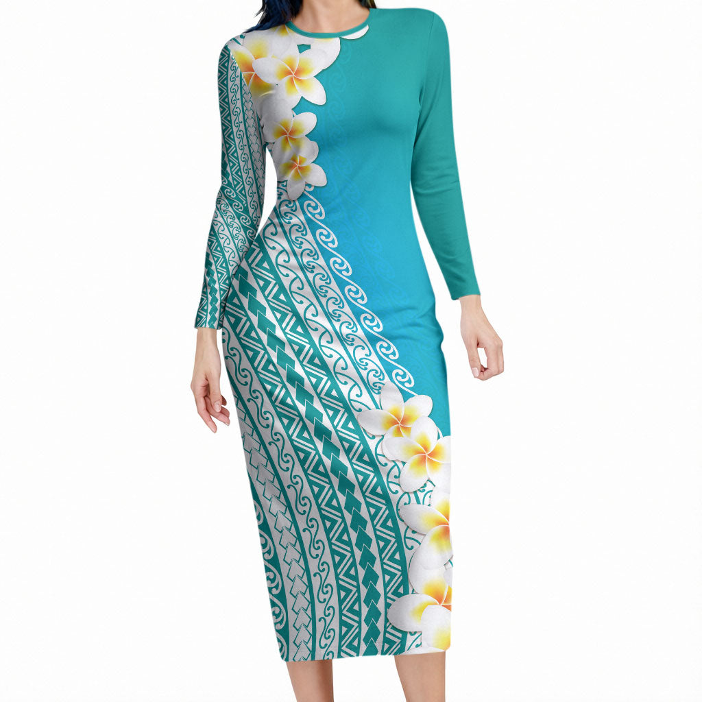 Tahiti Plumeria Tribal Pattern Long Sleeve Bodycon Dress Wave Style Turquoise LT05 Long Dress Turquoise - Polynesian Pride