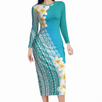 Tahiti Plumeria Tribal Pattern Long Sleeve Bodycon Dress Wave Style Turquoise LT05 Long Dress Turquoise - Polynesian Pride