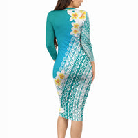 Tahiti Plumeria Tribal Pattern Long Sleeve Bodycon Dress Wave Style Turquoise LT05 - Polynesian Pride