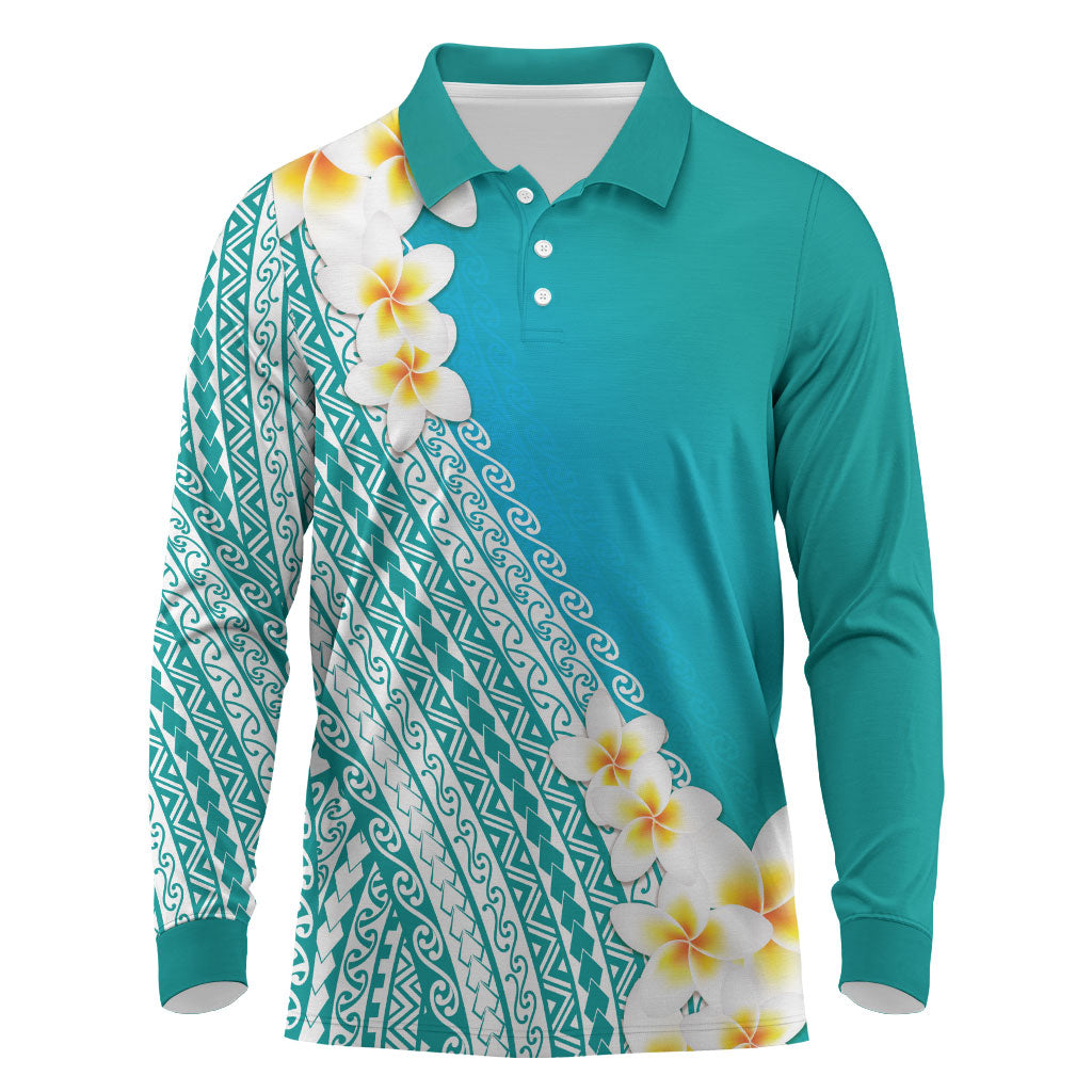 Tahiti Plumeria Tribal Pattern Long Sleeve Polo Shirt Wave Style Turquoise LT05 Turquoise - Polynesian Pride