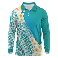 Tahiti Plumeria Tribal Pattern Long Sleeve Polo Shirt Wave Style Turquoise LT05 Turquoise - Polynesian Pride