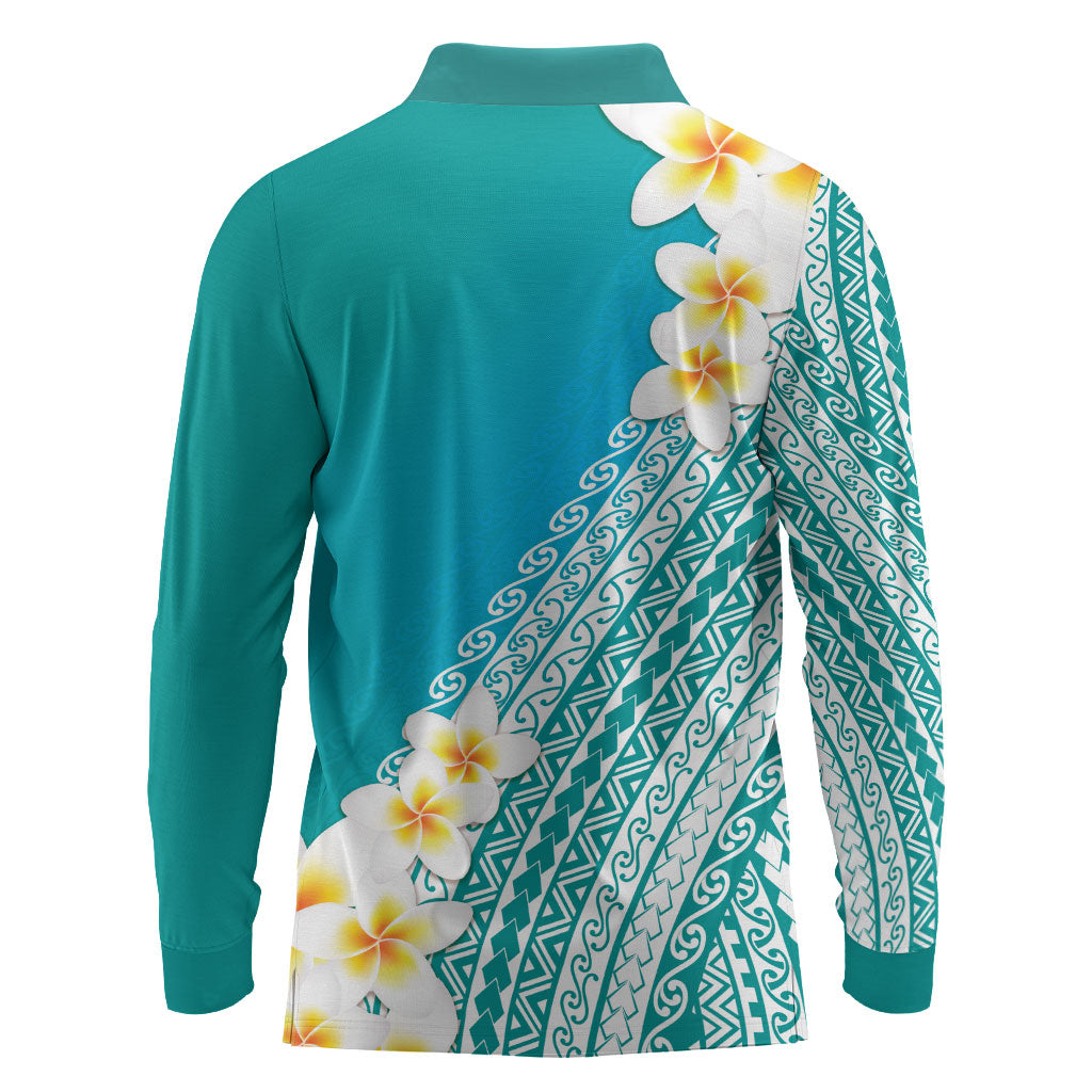 Tahiti Plumeria Tribal Pattern Long Sleeve Polo Shirt Wave Style Turquoise LT05 - Polynesian Pride