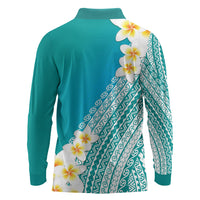 Tahiti Plumeria Tribal Pattern Long Sleeve Polo Shirt Wave Style Turquoise LT05 - Polynesian Pride