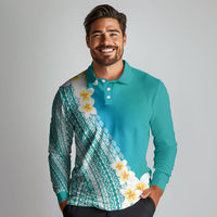 Tahiti Plumeria Tribal Pattern Long Sleeve Polo Shirt Wave Style Turquoise LT05 - Polynesian Pride