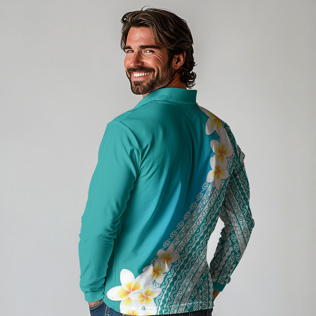 Tahiti Plumeria Tribal Pattern Long Sleeve Polo Shirt Wave Style Turquoise LT05 - Polynesian Pride