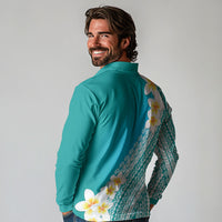 Tahiti Plumeria Tribal Pattern Long Sleeve Polo Shirt Wave Style Turquoise LT05 - Polynesian Pride