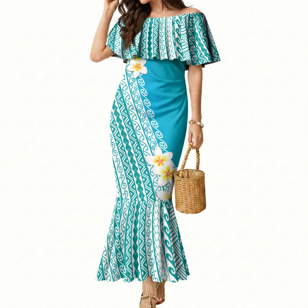 Tahiti Plumeria Tribal Pattern Mermaid Dress Wave Style Turquoise LT05 Women Turquoise - Polynesian Pride