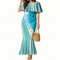 Tahiti Plumeria Tribal Pattern Mermaid Dress Wave Style Turquoise LT05 Women Turquoise - Polynesian Pride