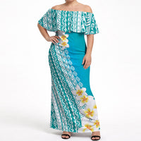 Tahiti Plumeria Tribal Pattern Off Shoulder Maxi Dress Wave Style Turquoise LT05 Women Turquoise - Polynesian Pride