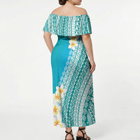 Tahiti Plumeria Tribal Pattern Off Shoulder Maxi Dress Wave Style Turquoise LT05 - Polynesian Pride