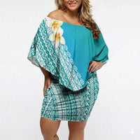 Tahiti Plumeria Tribal Pattern Off Shoulder Short Dress Wave Style Turquoise LT05 Women Turquoise - Polynesian Pride