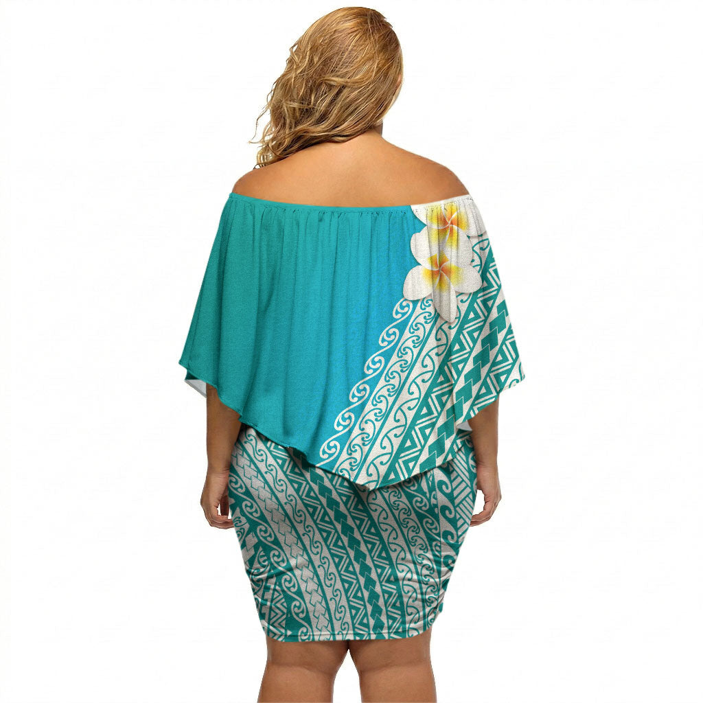 Tahiti Plumeria Tribal Pattern Off Shoulder Short Dress Wave Style Turquoise LT05 - Polynesian Pride