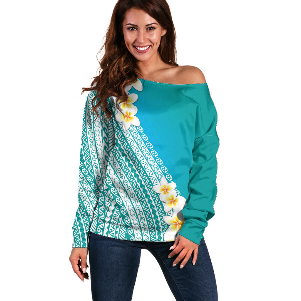 Tahiti Plumeria Tribal Pattern Off Shoulder Sweater Wave Style Turquoise LT05 Women Turquoise - Polynesian Pride
