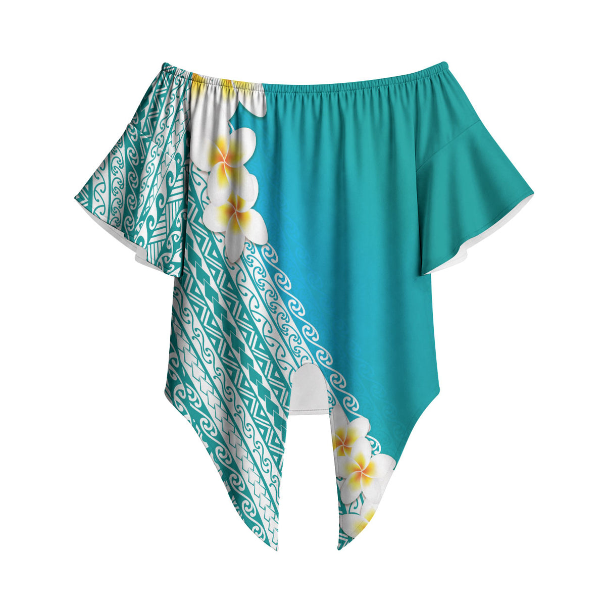 Tahiti Plumeria Tribal Pattern Off Shoulder Wrap Waist Top Wave Style Turquoise LT05 Turquoise - Polynesian Pride