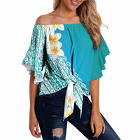 Tahiti Plumeria Tribal Pattern Off Shoulder Wrap Waist Top Wave Style Turquoise LT05 - Polynesian Pride