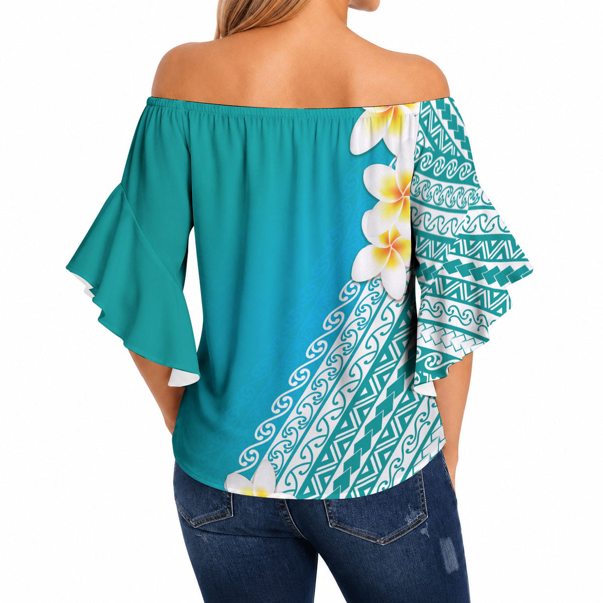 Tahiti Plumeria Tribal Pattern Off Shoulder Wrap Waist Top Wave Style Turquoise LT05 - Polynesian Pride