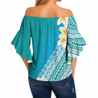 Tahiti Plumeria Tribal Pattern Off Shoulder Wrap Waist Top Wave Style Turquoise LT05 - Polynesian Pride