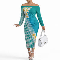 Tahiti Plumeria Tribal Pattern Off The Shoulder Long Sleeve Dress Wave Style Turquoise LT05 Women Turquoise - Polynesian Pride