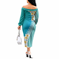 Tahiti Plumeria Tribal Pattern Off The Shoulder Long Sleeve Dress Wave Style Turquoise LT05 - Polynesian Pride
