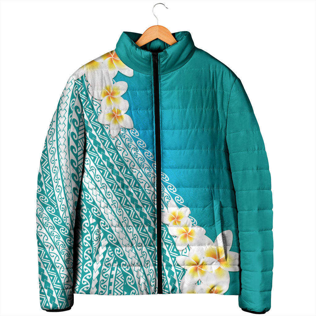 Tahiti Plumeria Tribal Pattern Padded Jacket Wave Style Turquoise LT05 - Polynesian Pride