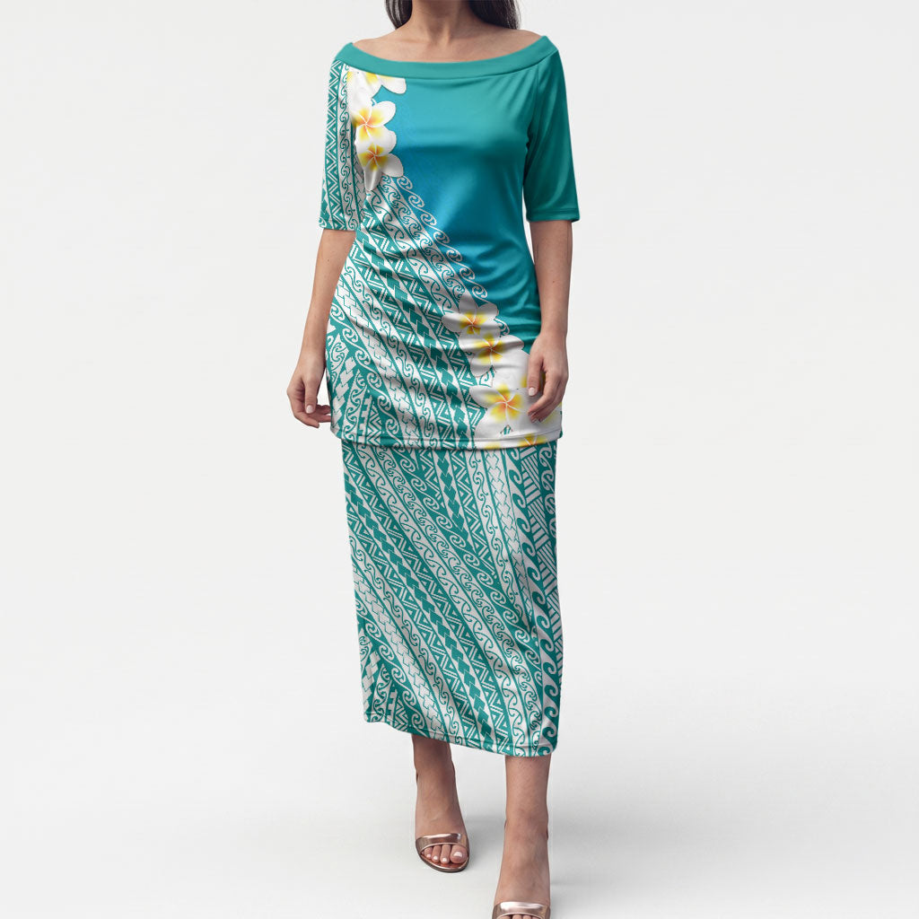Tahiti Plumeria Tribal Pattern Puletasi Wave Style Turquoise LT05 Long Dress Turquoise - Polynesian Pride