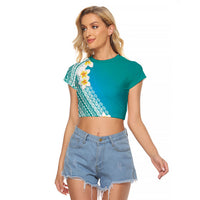 Tahiti Plumeria Tribal Pattern Raglan Cropped T Shirt Wave Style Turquoise LT05 Female Turquoise - Polynesian Pride