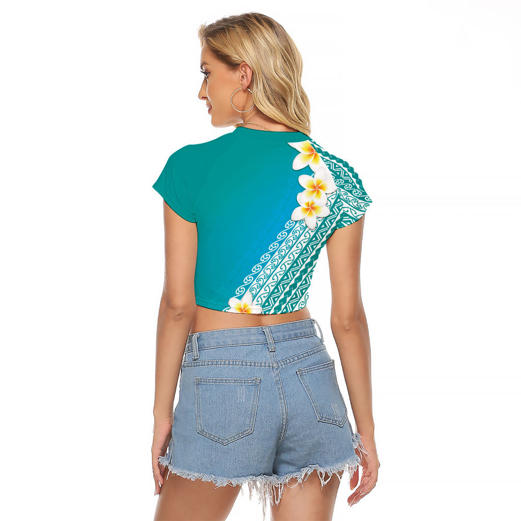 Tahiti Plumeria Tribal Pattern Raglan Cropped T Shirt Wave Style Turquoise LT05 - Polynesian Pride
