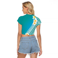 Tahiti Plumeria Tribal Pattern Raglan Cropped T Shirt Wave Style Turquoise LT05 - Polynesian Pride