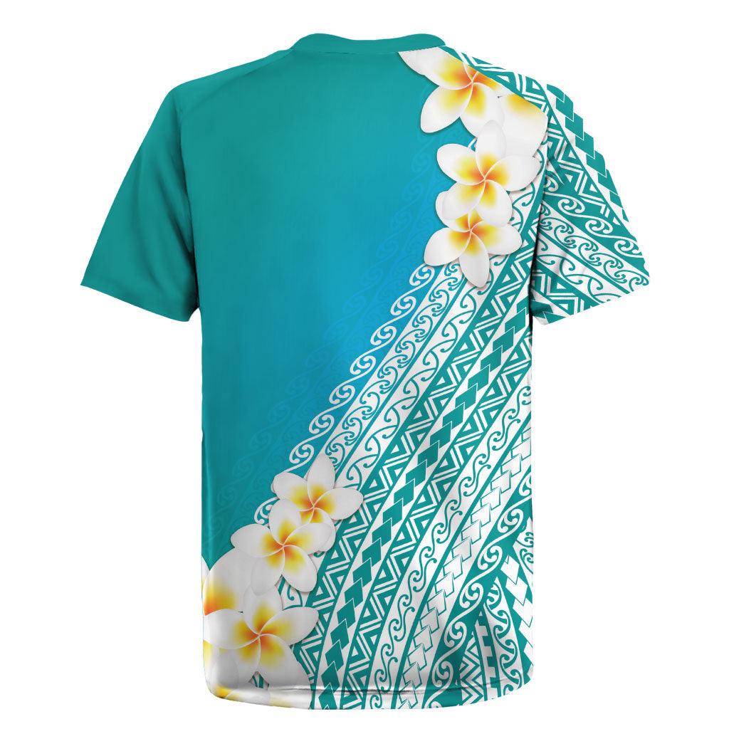 Tahiti Plumeria Tribal Pattern Rugby Jersey Wave Style Turquoise LT05 - Polynesian Pride