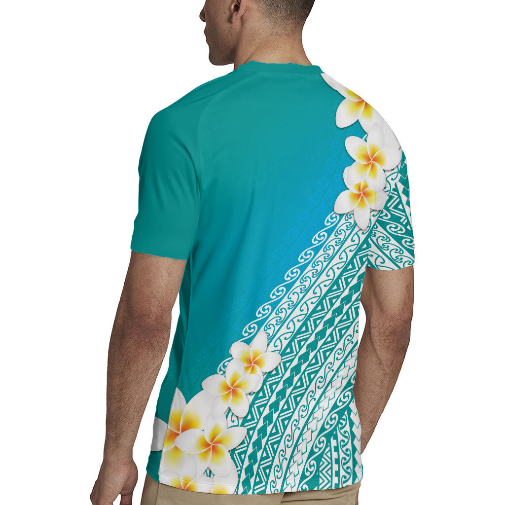 Tahiti Plumeria Tribal Pattern Rugby Jersey Wave Style Turquoise LT05 - Polynesian Pride