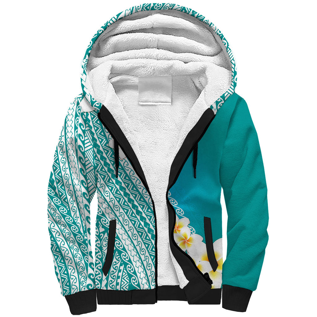 Tahiti Plumeria Tribal Pattern Sherpa Hoodie Wave Style Turquoise LT05 Unisex Turquoise - Polynesian Pride