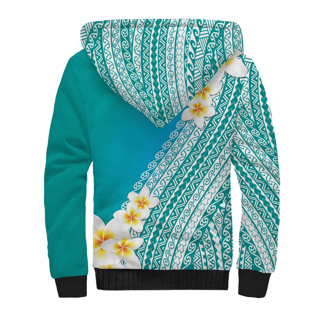 Tahiti Plumeria Tribal Pattern Sherpa Hoodie Wave Style Turquoise LT05 - Polynesian Pride