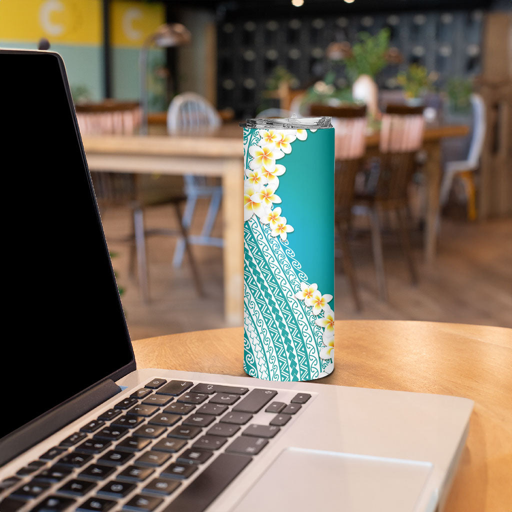Tahiti Plumeria Tribal Pattern Skinny Tumbler Wave Style Turquoise LT05 - Polynesian Pride