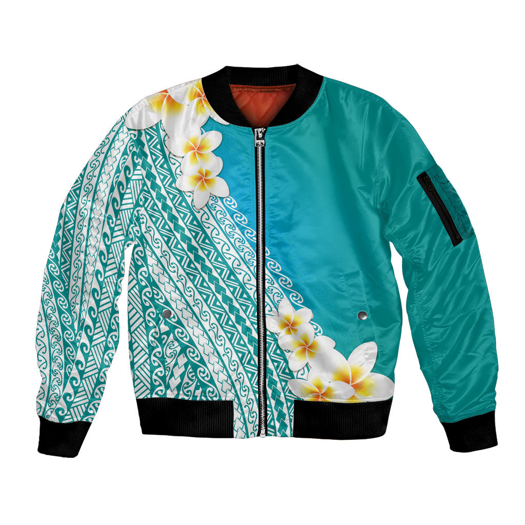 Tahiti Plumeria Tribal Pattern Sleeve Zip Bomber Jacket Wave Style Turquoise LT05 Unisex Turquoise - Polynesian Pride