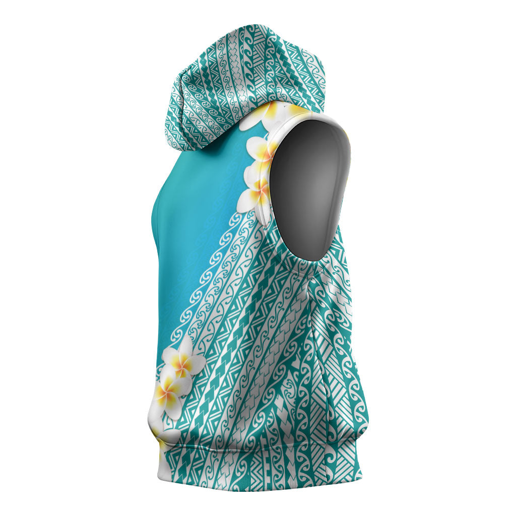 Tahiti Plumeria Tribal Pattern Sleeveless Hoodie Wave Style Turquoise LT05 - Polynesian Pride