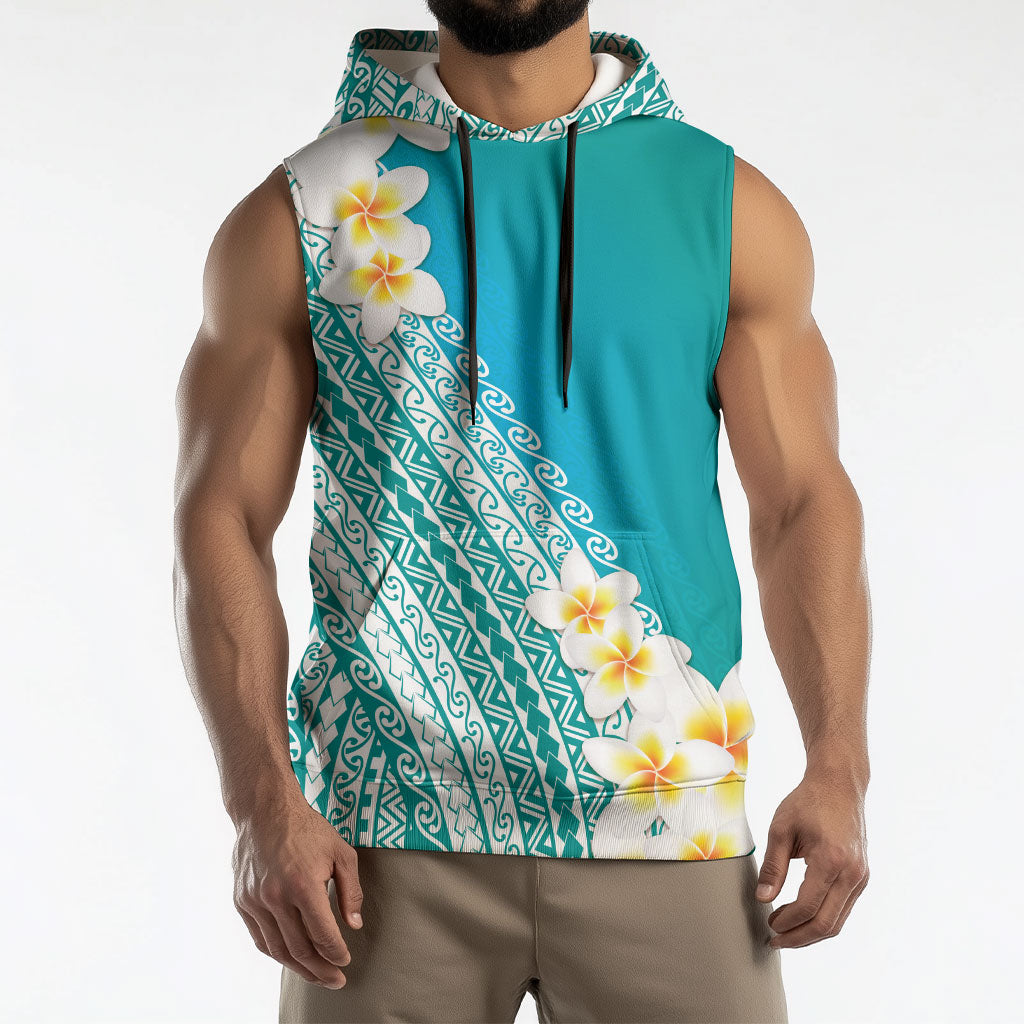 Tahiti Plumeria Tribal Pattern Sleeveless Hoodie Wave Style Turquoise LT05 - Polynesian Pride
